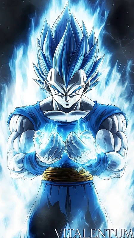 Blue haired warrior with glowing energy aura in focus.