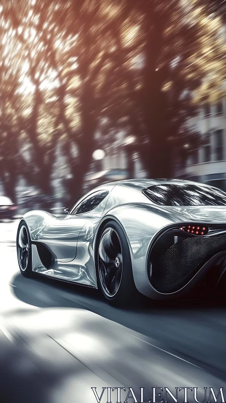 Silver futuristic sports car accelerates through city street
