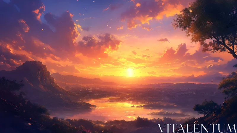 Radiant sunset over river valley and distant mountain range.