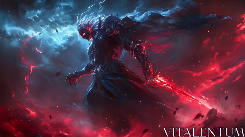 Stormborn dark warrior strides through blazing red clouds