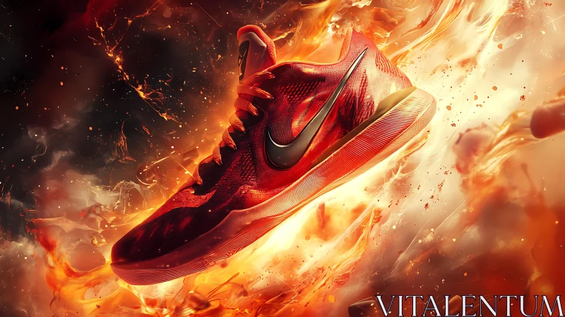 Fiery red sneaker soaring through swirling molten light.