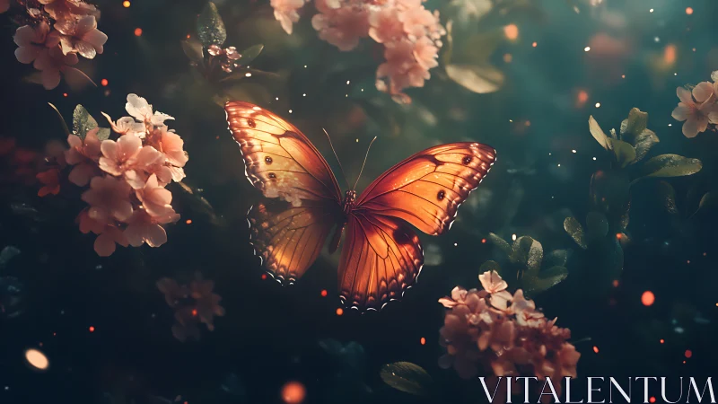 Luminous orange butterfly in bokeh-saturated floral atmosphere.