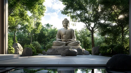 Serene stone Buddha statue amid lush modern zen garden.