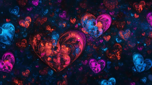 Neon Hearts Floating: Bioluminescent Digital Art with Radiant Glowing Hearts