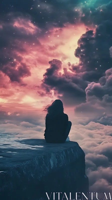 Solitary figure on cliff edge under vivid cosmic sky.