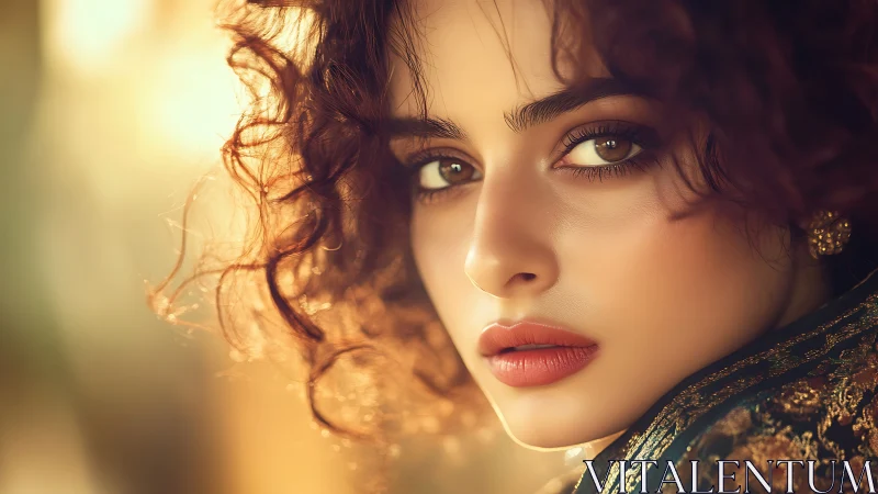 Close-up portrait in warm light with detailed curly hair.