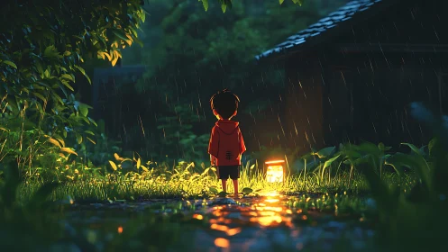 Gentle rainy night walk with a lantern and quiet wonder.