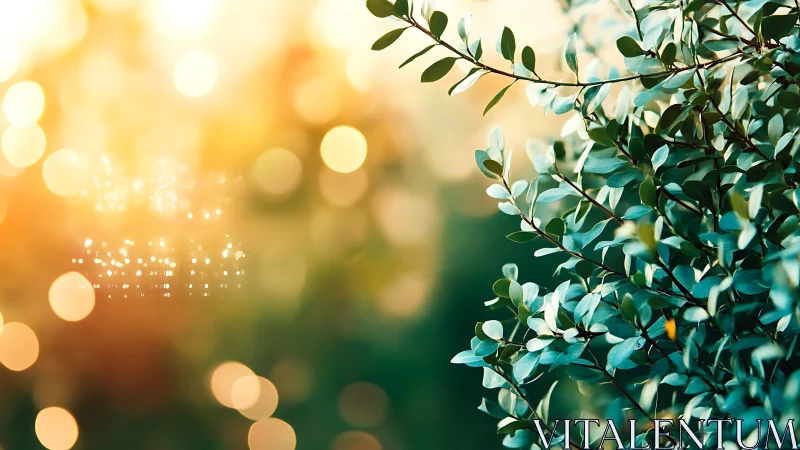 Sunlit green foliage with bokeh background, nature photography style.