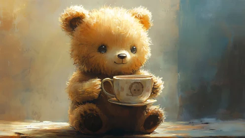 Cozy teddy bear sharing a warm cup of comfort and calm.