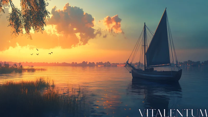 Sunset littoral sailboat under volumetric clouds in stillwater.