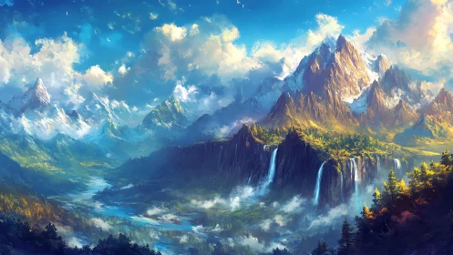 Sunlit fantasy mountains with misty waterfalls and riverscape.