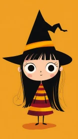 Minimalist cartoon witch on orange ground with stylized flat design.