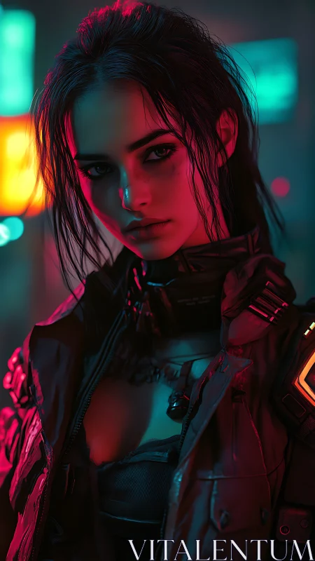 Cybernetic woman in neon-lit urban environment at night.