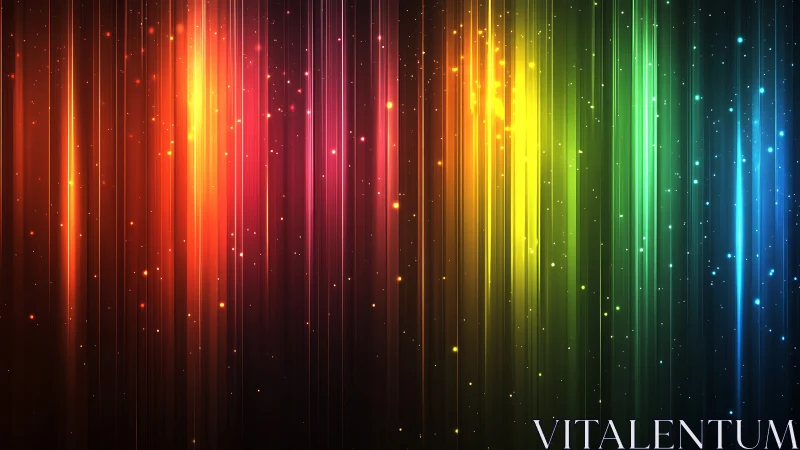 Vertical rainbow light streaks on dark digital background.