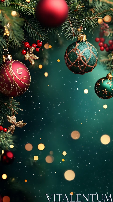 Christmas tree ornaments with festive bokeh lights.