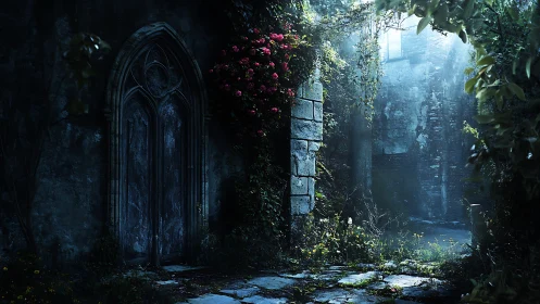 Gothic stone doorway in overgrown courtyard under blue light