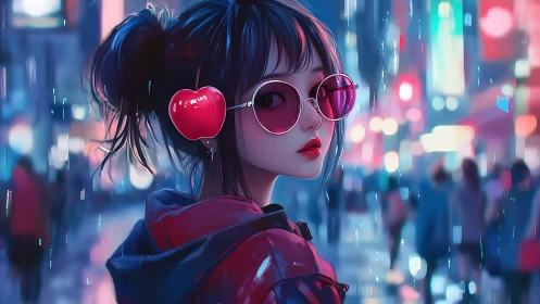 Neon city portrait with cherry headset and glossy raincoat.