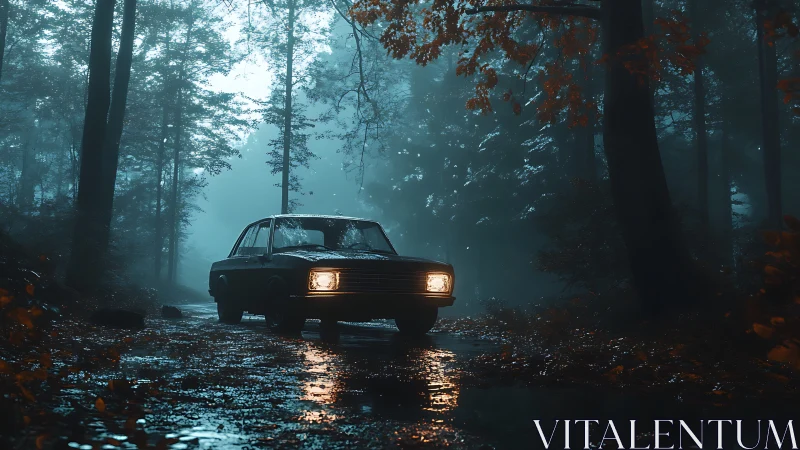 Vintage sedan illuminates wet forest track under dense blue fog