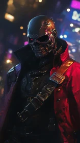Cybernetic skull mercenary in neon-lit urban nightscape portrait