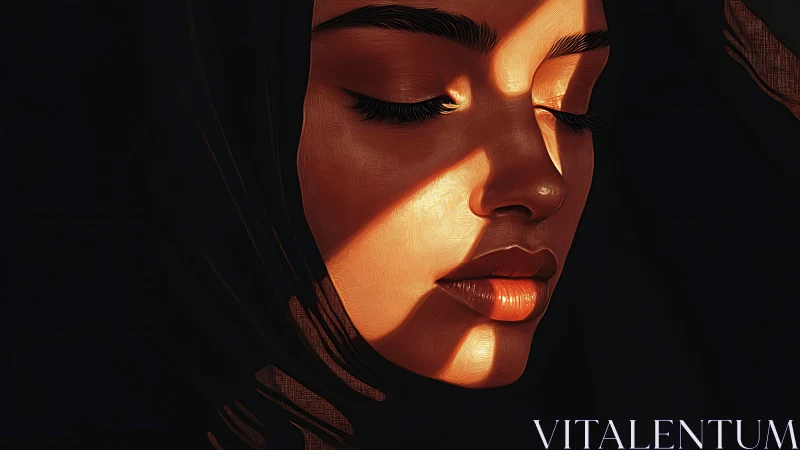 Sunlit hush on veiled skin, carved from shadow and silence.