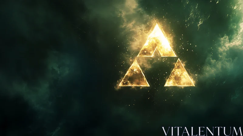 Glowing golden triangles shining softly in swirling clouds.