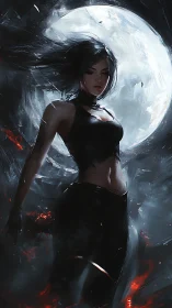 Dark haired woman stands before large moon in swirling smoke