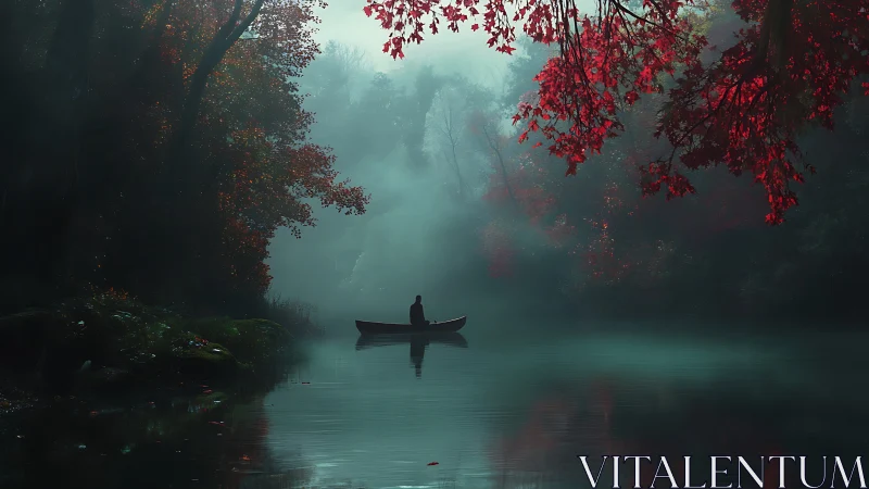 Solitary boat drifts through misty forest lake at dawn.