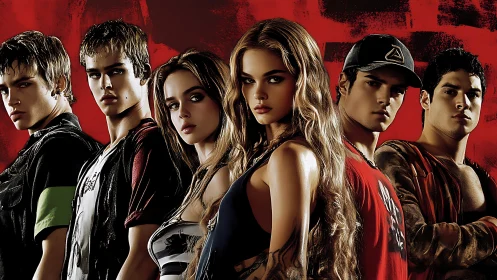 Cinematic ensemble portrait with stylized dramatic lighting.