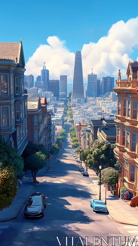 Steep urban street descending toward central high rises.