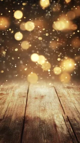 Warm bokeh lights over rustic wooden floor perspective.