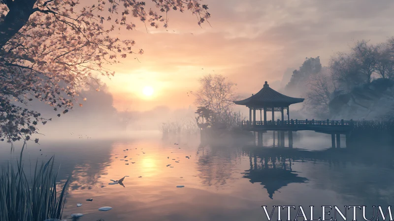 Sunrise illuminates a lakeside pavilion in light surface fog