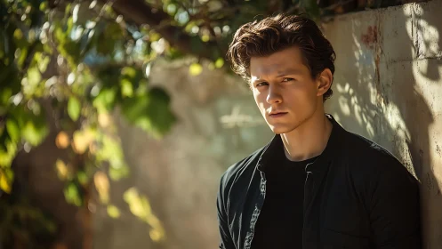 Moody portrait under dappled sunlight against garden wall.