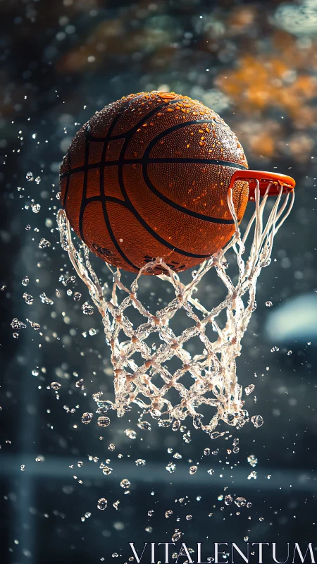 Wet basketball swishes through hoop in dramatic freeze-frame.