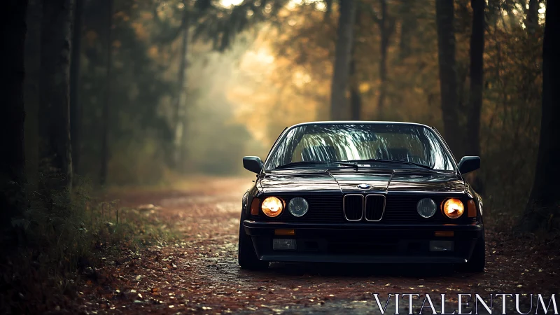 Classic black coupe on misty forest track with warm headlamps