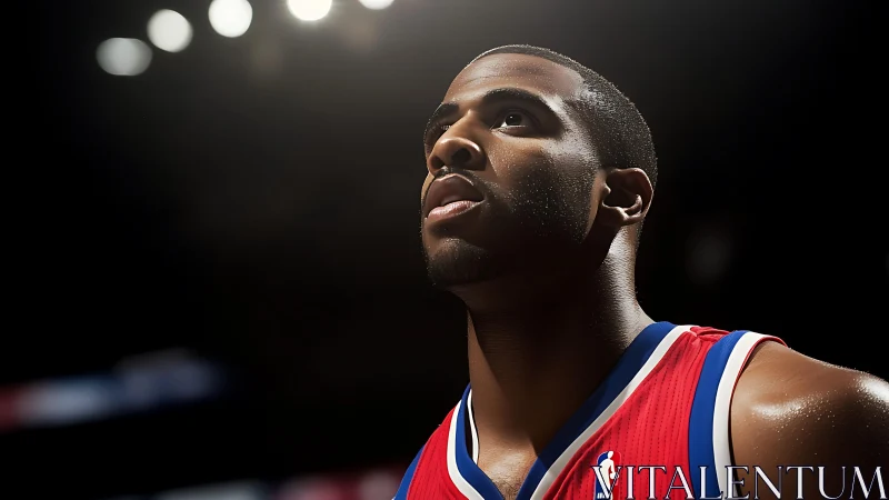 Focused basketball player gazes upward under bright arena lights