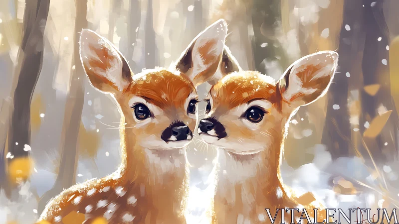 Two young deer stand close together in a snowy forest