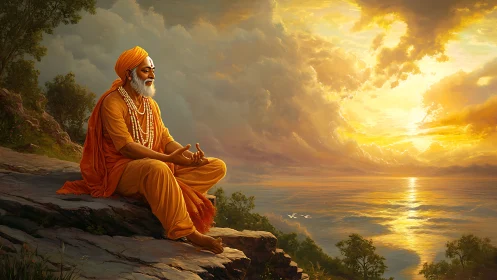 Meditating sage in saffron robes under blazing ocean sunset.