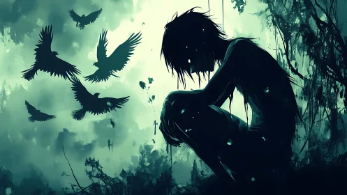 Shadowed dreamer curls inward while midnight crows rise