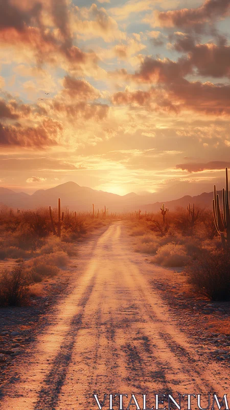 Sunlit desert track with sagittal cacti and volumetric clouds.