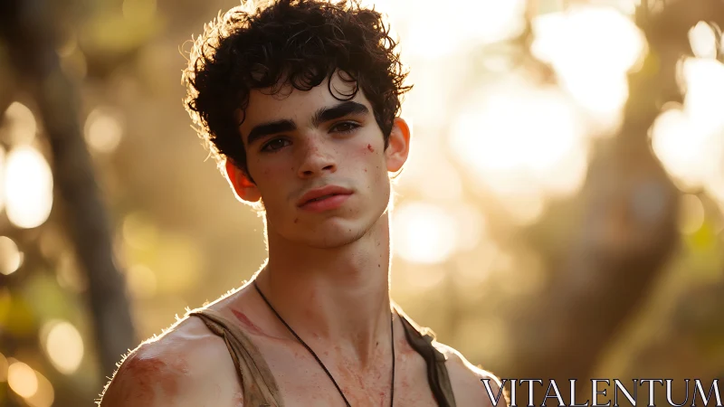 Sunlit young survivor with bruised face in forest glow.