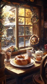 Golden Hour Breakfast: Croissants and Afternoon Light Through Period Windowpanes.