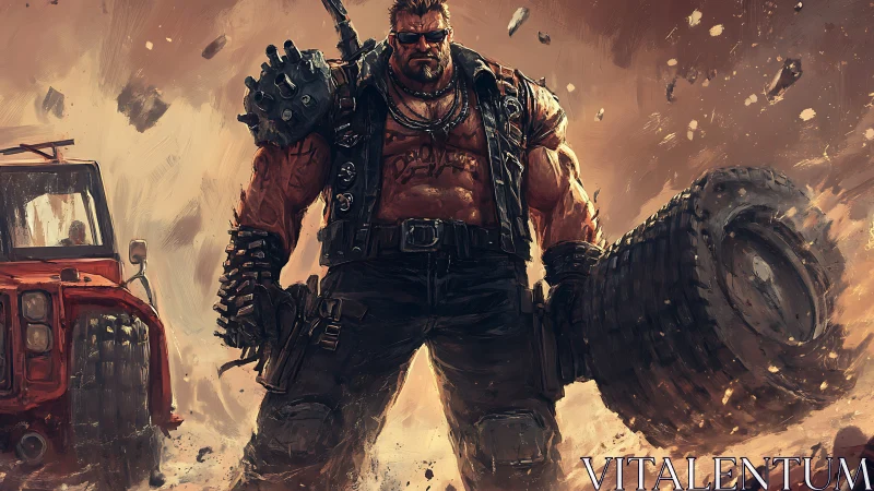 Post-apocalyptic road warrior strides through flying dust.