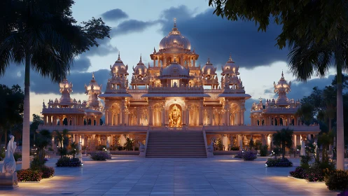 Illuminated marble temple glows against dusk sky clouds