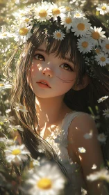 Sunlit girl in daisies with luminous floral crown portrait.