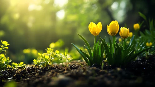 Golden Tulips Emerge Through Spring Garden Soil
