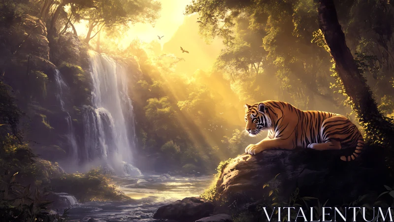 Golden sunlight crowns a resting tiger by a jungle waterfall