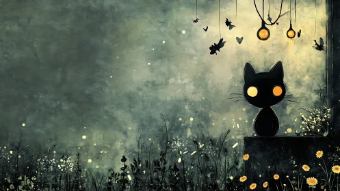 Midnight Guardian: Black Cat Commands the Enchanted Garden Below