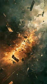 Shattered debris suspended in fiery atmospheric explosion.
