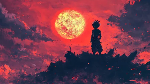 Anime silhouette against crimson celestial skyscape digital painting.
