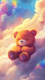 Dreamy teddy bear naps softly in sherbet colored clouds